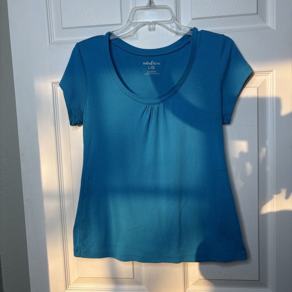Vintage Y2K Mix & Co Women’s Large Turquoise Pleated Scoop Neck Tee Shirt Top